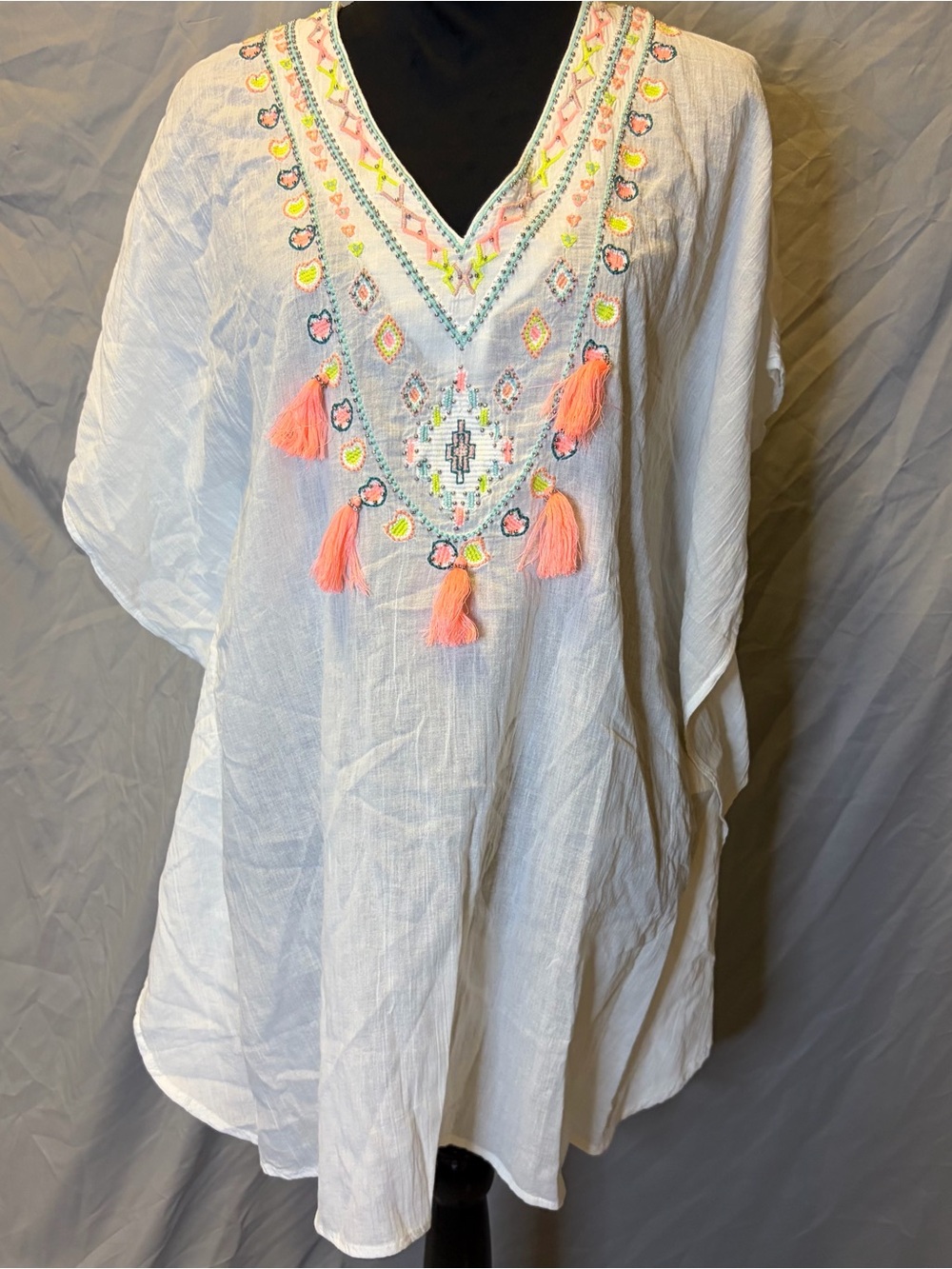 blue island White Embroidered Swim Coverup with Pink Tassels
